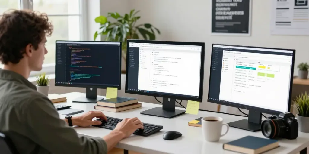 Workspace with instant indexing setup, featuring code on screens and tech books.