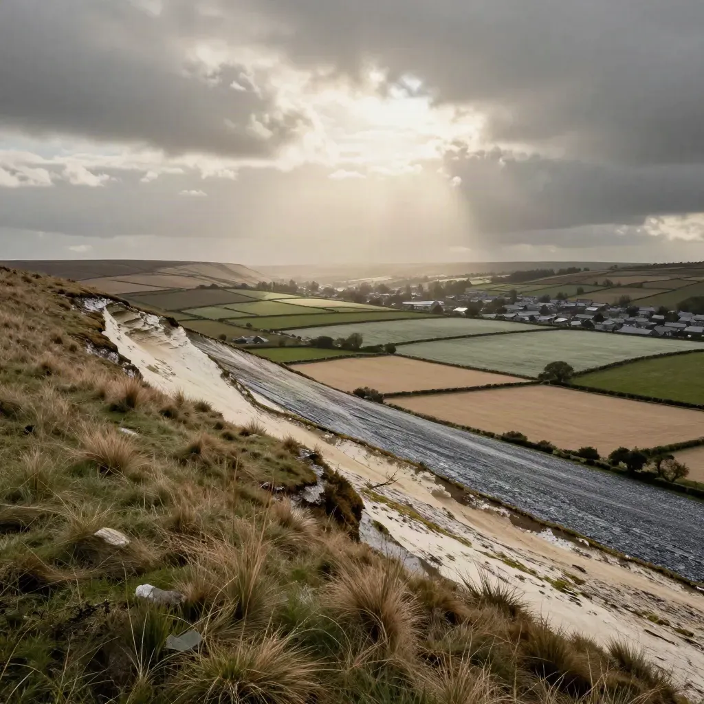 High oblique farmland appraisal view with ridge, roofs, and moving cloud shadows.