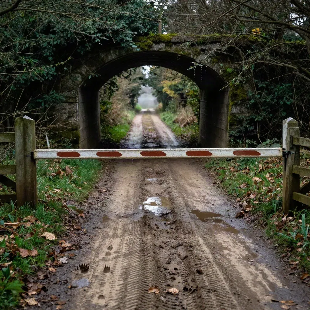 Rutted hedgerow lane to a culvert and locked farm barrier, wet leaves and rippling puddle.