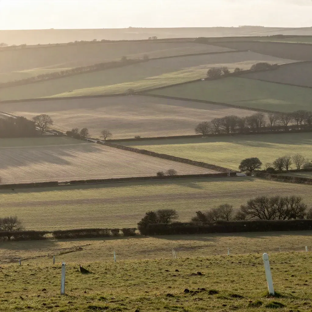 Wide misty UK land search with plots, hedgerows, and a ribbon road at dawn