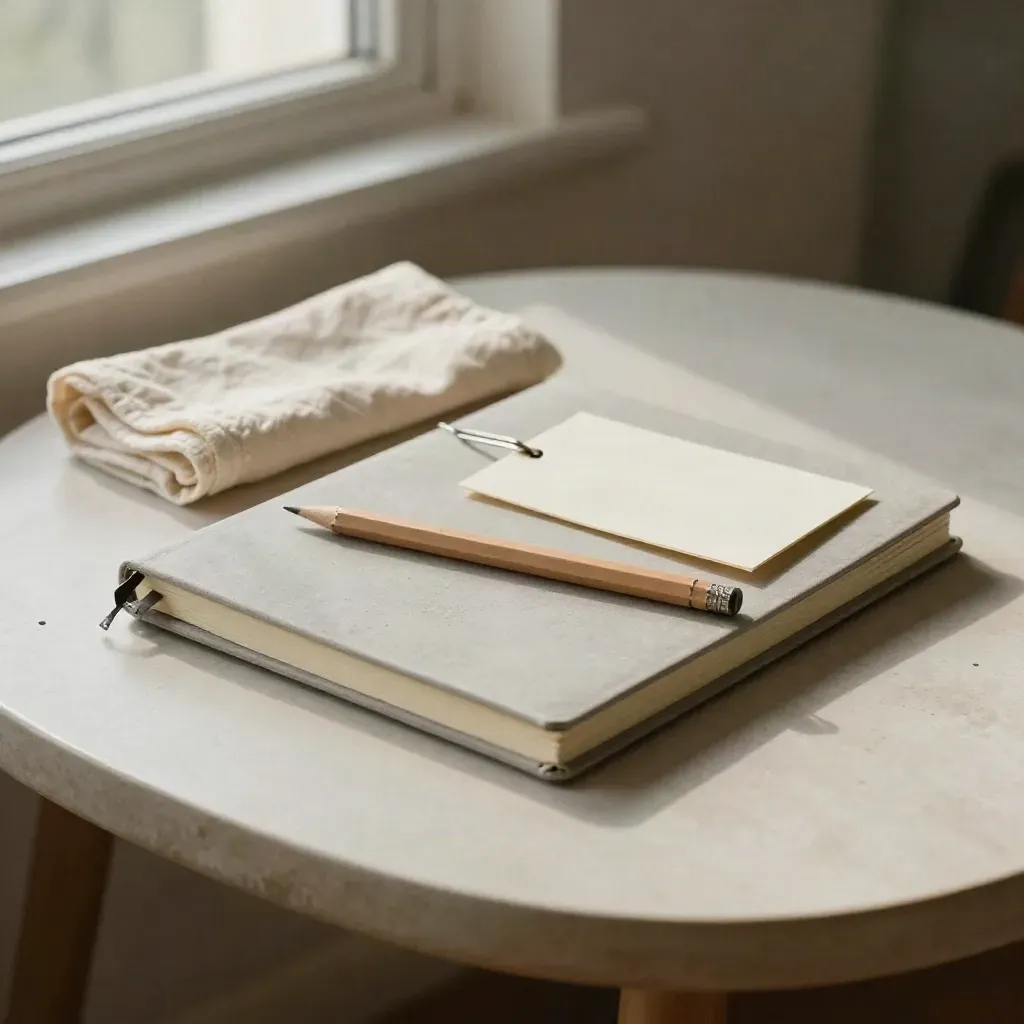 Closed notebook, pencil, cloth and face-down site card on a pale plaster side table in soft window light.